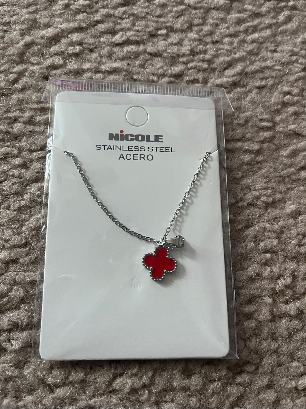 Nicole Silver-Tone Necklace with Red Clover Pendant